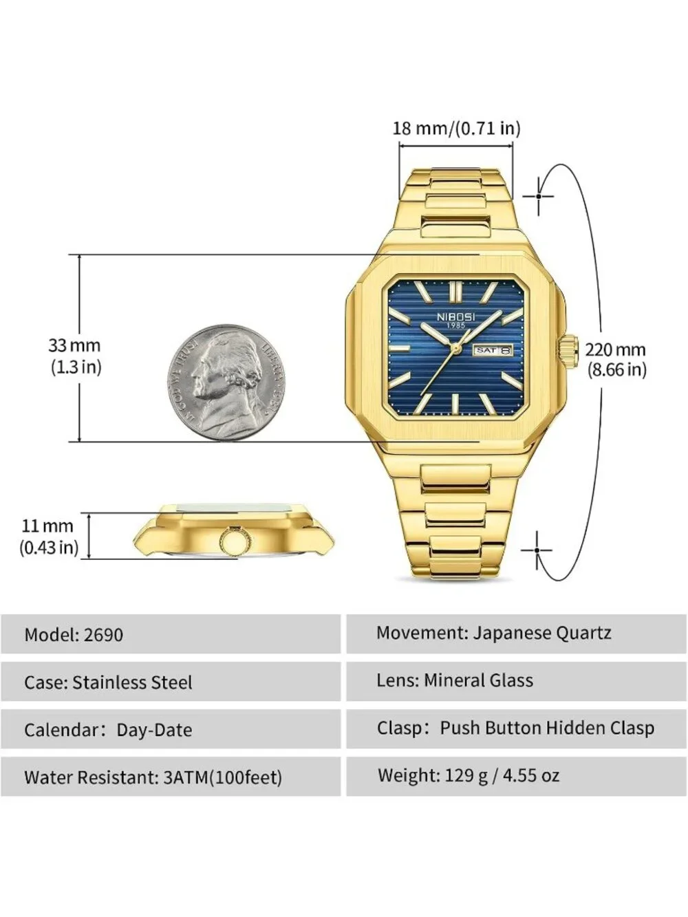 Men's Gold Blue Square Analog Quartz Stainless Steel Waterproof Wrist Watch